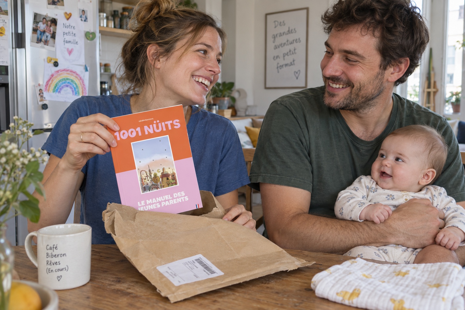 De jeunes parents découvrent le guide 1001 NÜITS reçu à domicile.