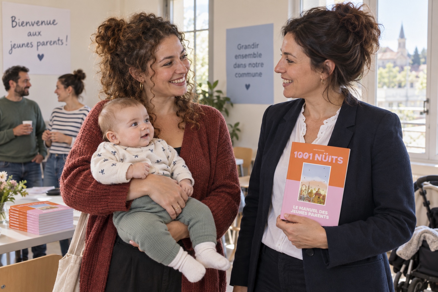 Accueil d’une famille et remise du guide 1001 NÜITS lors d’une cérémonie des nouveau-nés.