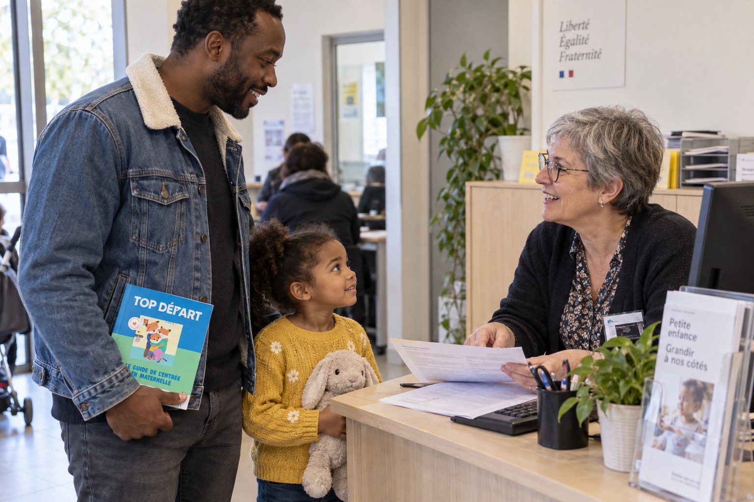 Un père et sa fille reçoivent Top Départ lors des inscriptions scolaires.