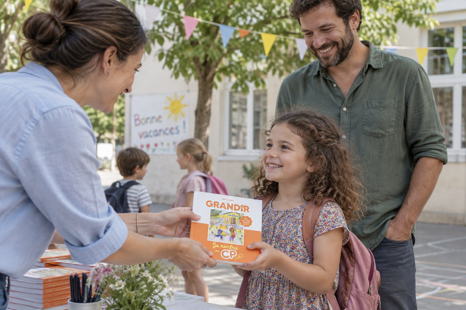 Un enfant reçoit Grandir lors de la fête de fin de grande section.
