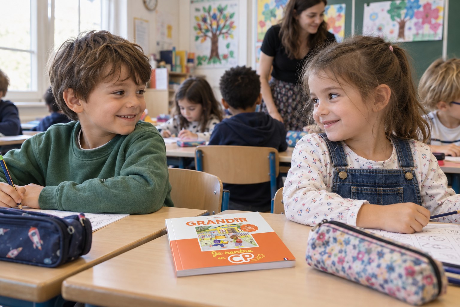 Deux enfants découvrent leur classe de CP avec le guide Grandir.