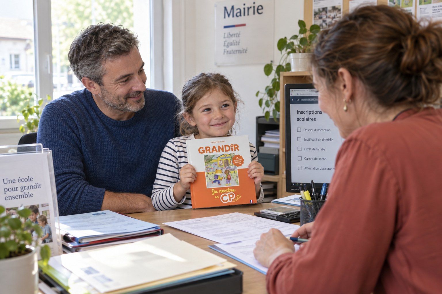 Remise de Grandir à une famille lors de l’inscription au CP en mairie.
