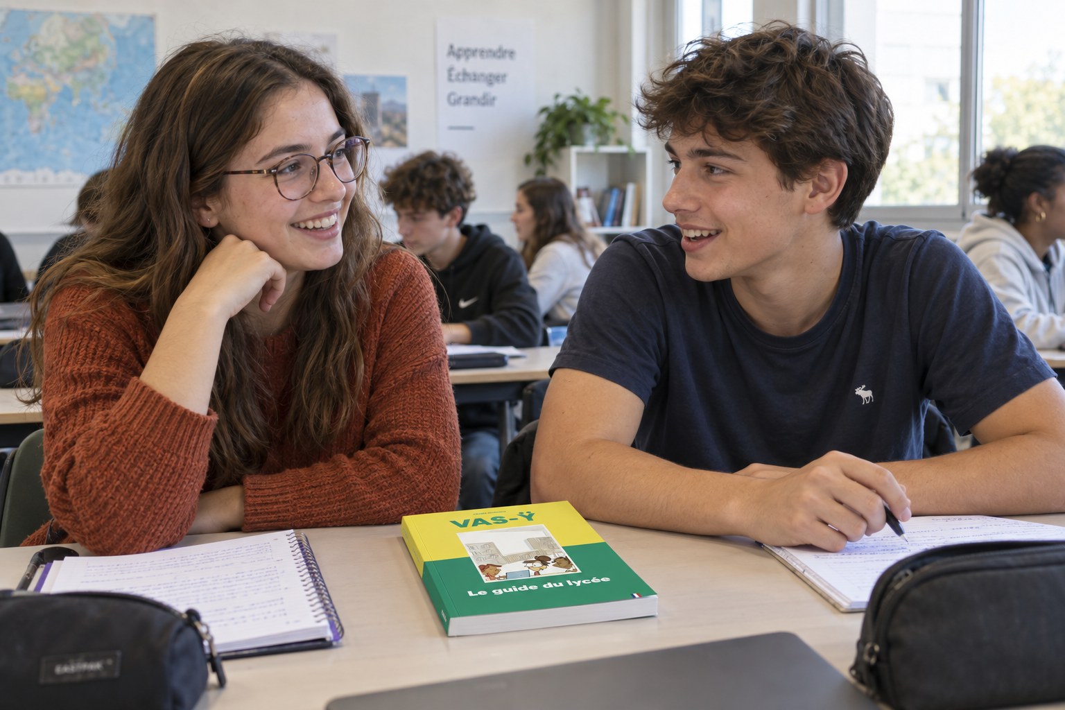 Deux lycéens échangent en classe avec le guide VAS-Ÿ.