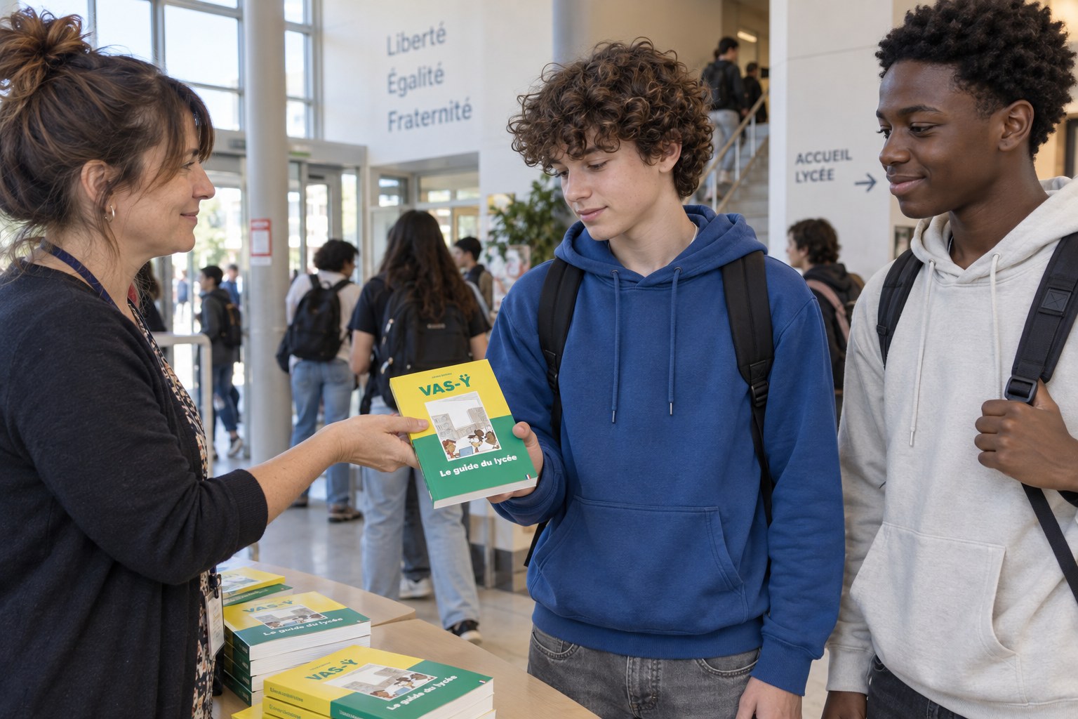 Remise du guide VAS-Ÿ à des adolescents à l’entrée du lycée.