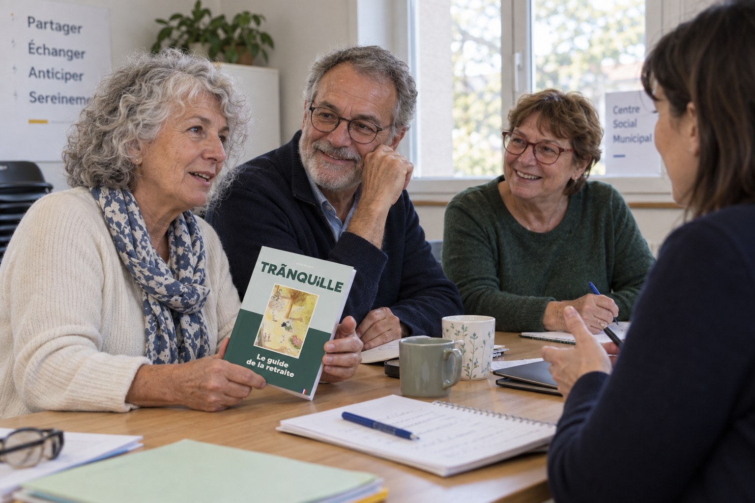 Échange autour du guide Tranquille lors d’un atelier retraite.