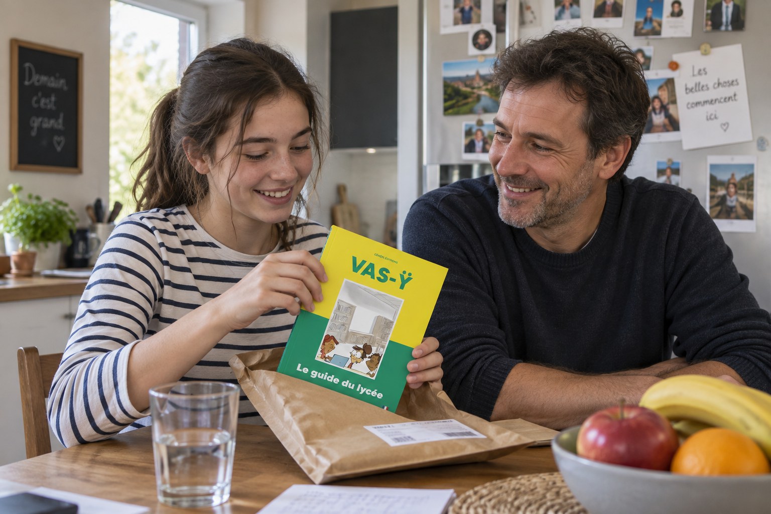 Une adolescente et son père découvrent le guide VAS-Ÿ reçu par courrier.