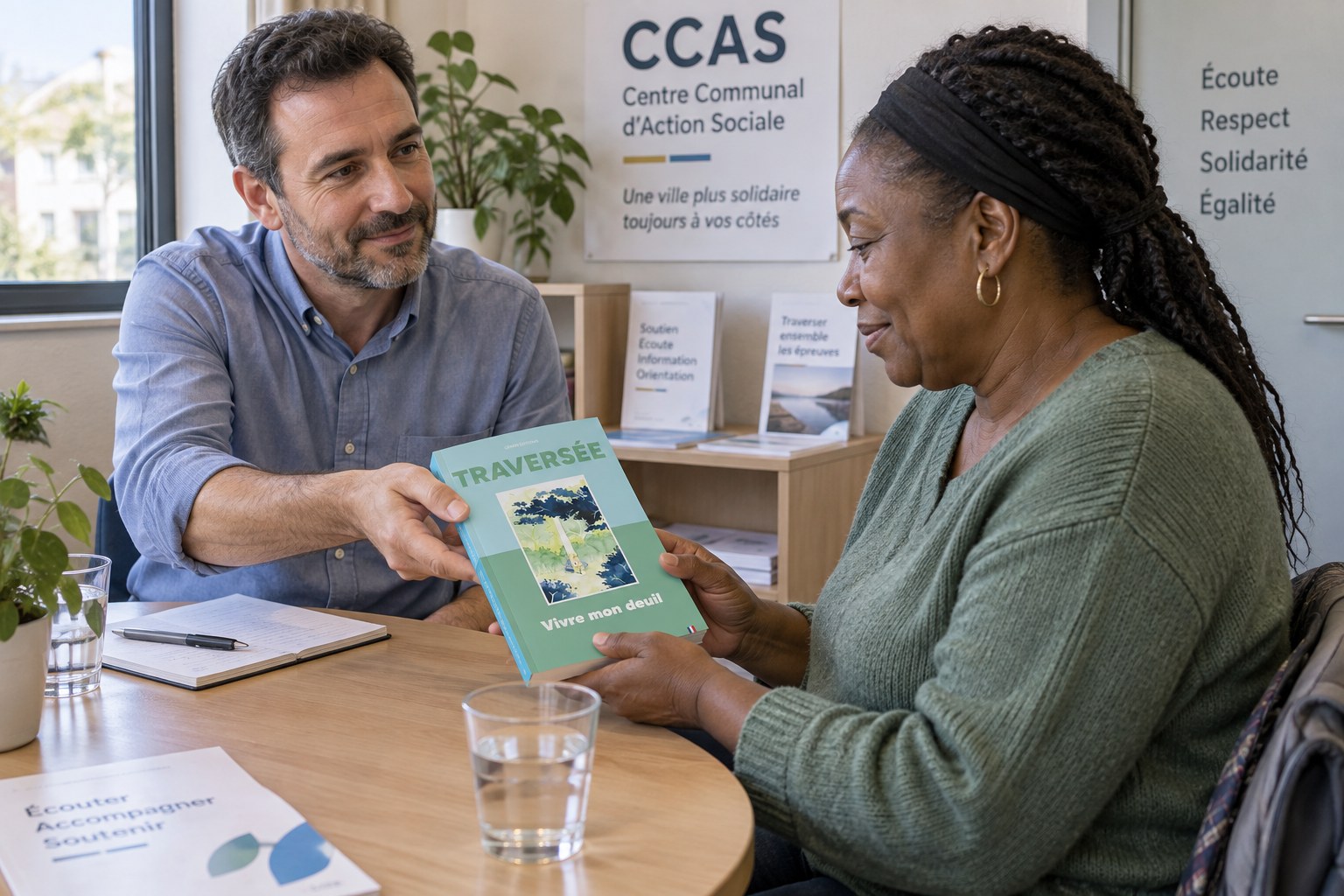 Présentation du guide Traversée lors d’un entretien au CCAS.