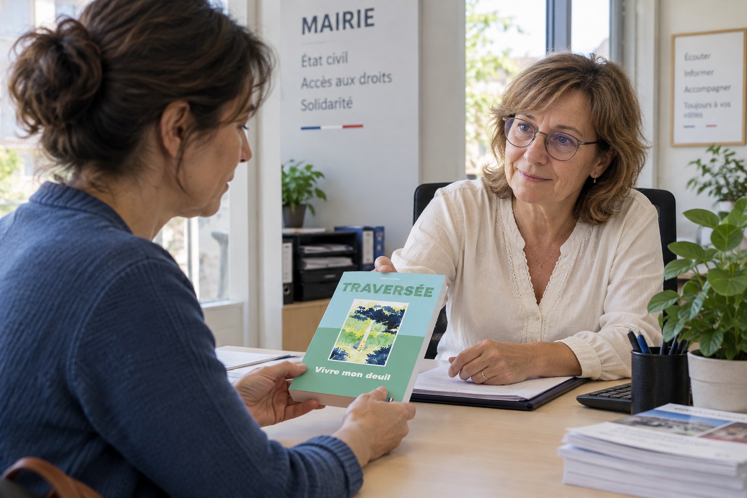 Remise du guide Traversée lors d’un échange à l’état civil.