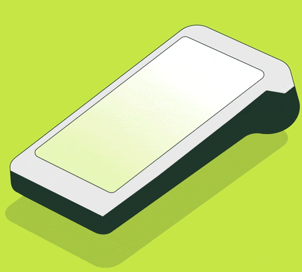 Animación de un datafono sobre fondo verde