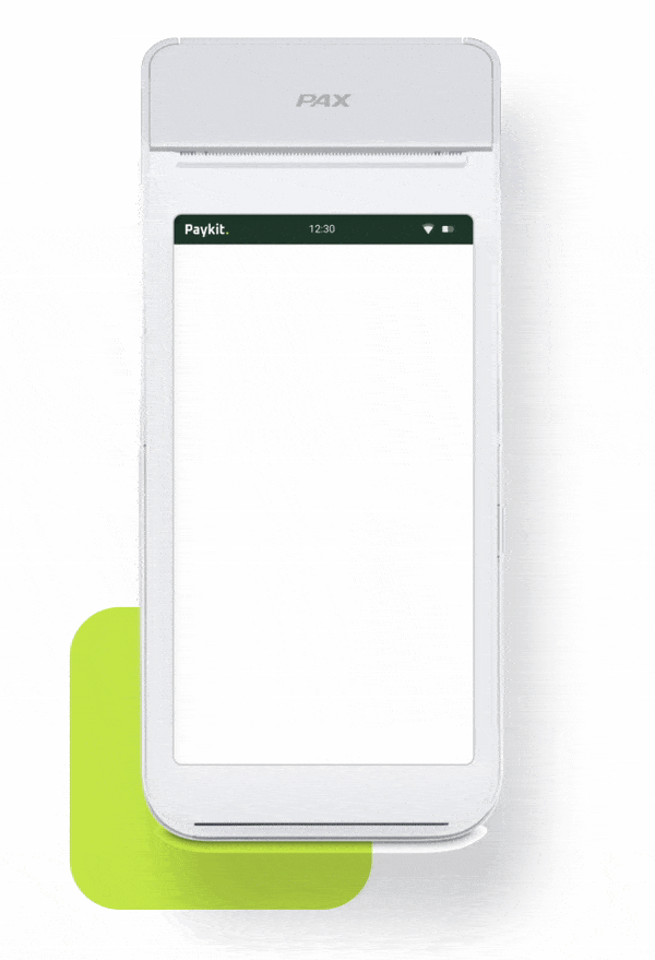 Dispositivo de pago móvil blanco PAX con pantalla que muestra la app Paykit procesando un pago con opciones para firmar y enviar recibo.