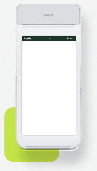 Dispositivo de pago con pantalla táctil mostrando la interfaz de Paykit para procesar pagos digitales.