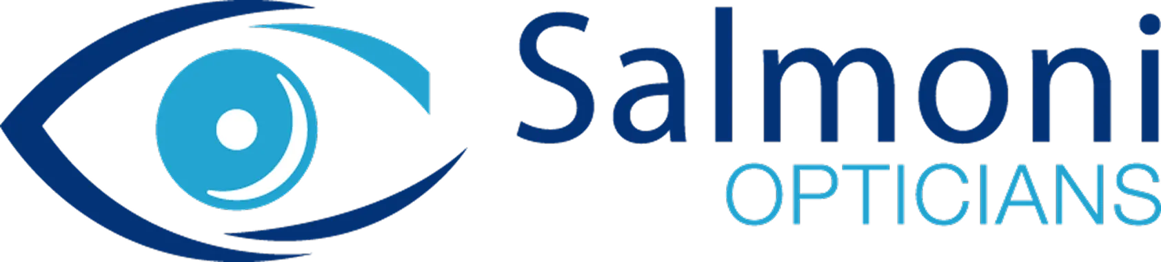 Logo of Salmoni Opticians featuring a stylized eye with a blue iris and white highlight.