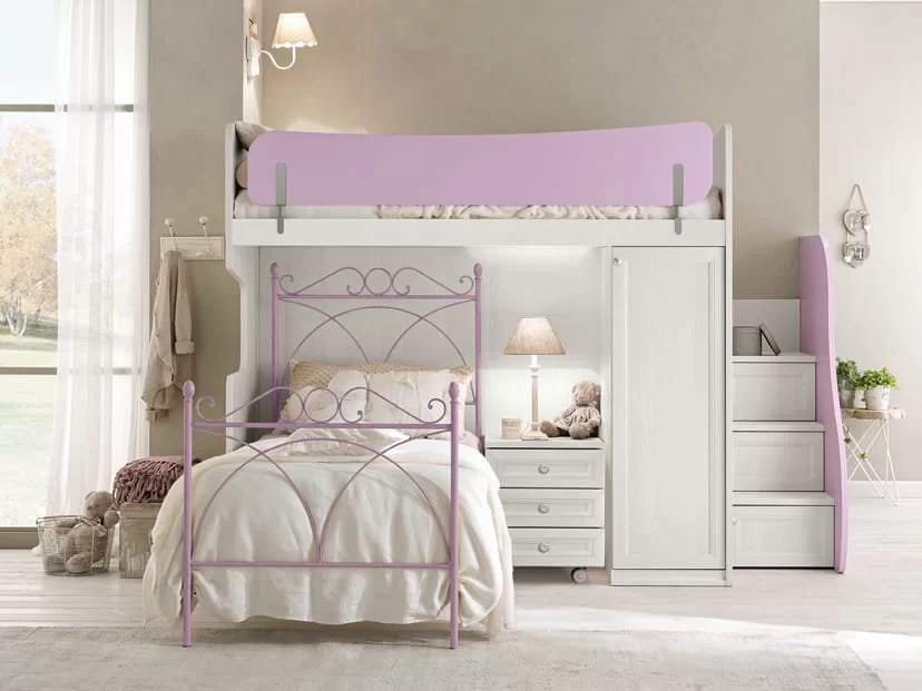 A cozy children's bedroom with a white loft bed, desk, staircase storage, and pink accents.