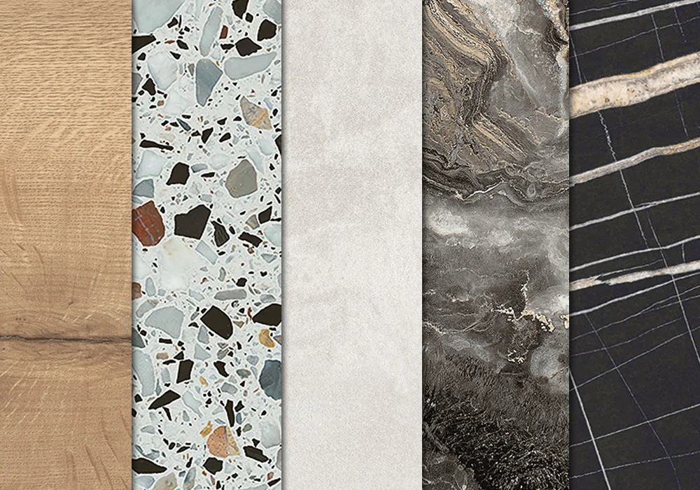 Five vertical strips showing different surface textures: wood, terrazzo, plain, marble, and black stone.