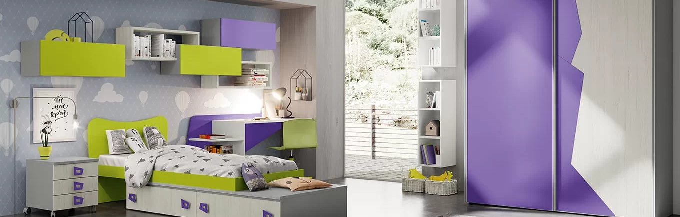 A colorful children's bedroom with green and purple furniture, including a bed, desk, and closet.