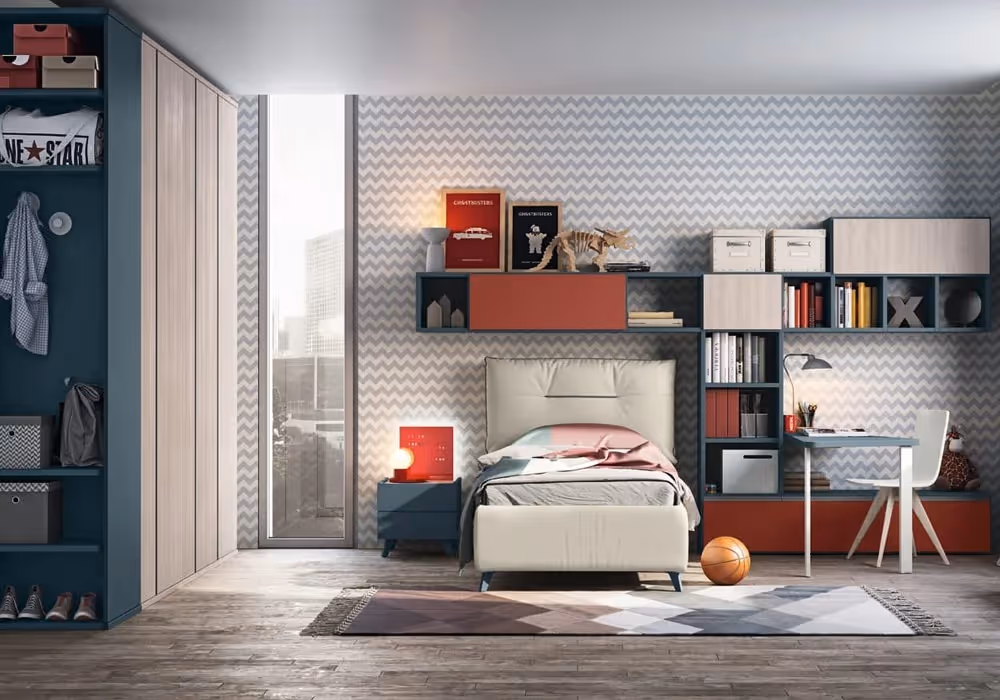 A neatly arranged child's bedroom with a bed, desk, shelves, and a basketball on the floor.
