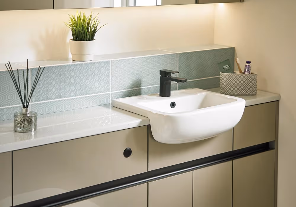 Bathroom sink with a black faucet, potted plant, and tissue box on the counter.