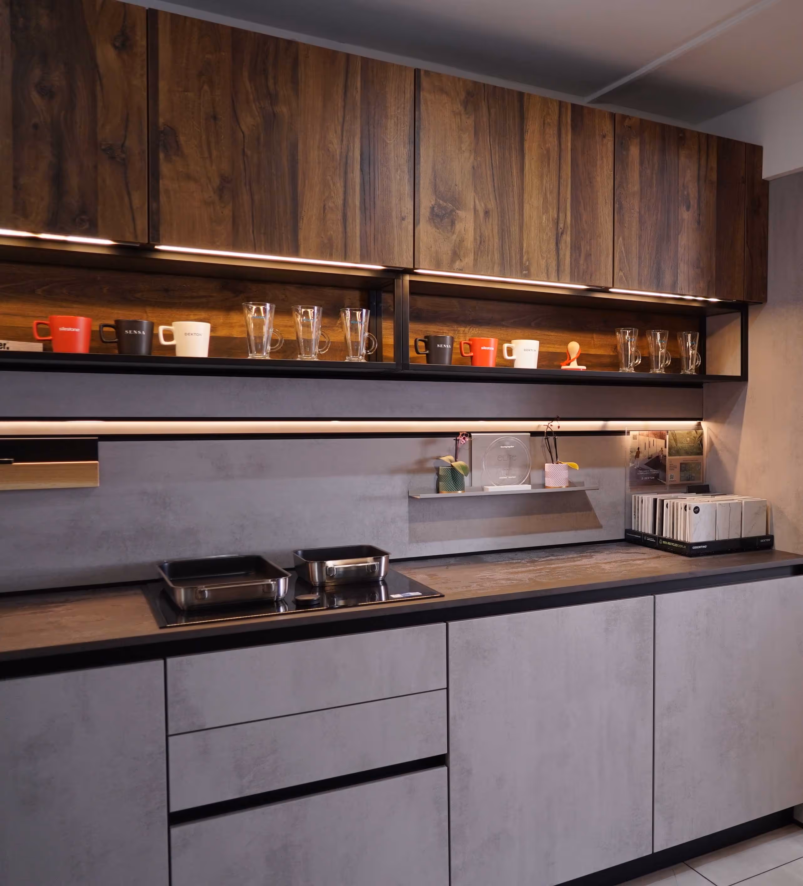 Modern kitchen with wooden cabinets and empty cups and glasses on open shelves above the countertop.