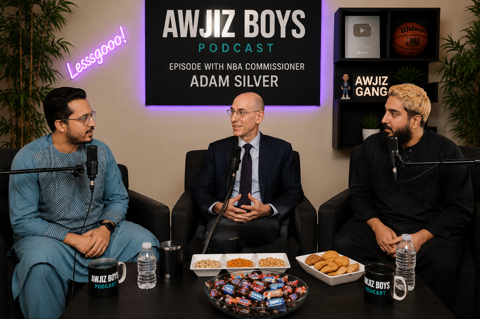 AI generated editorial illustration of AwJiz Boys hosts Kane Dabir and Dauood Naimyar interviewing NBA Commissioner Adam Silver about LGBTQ+ visibility in professional basketball, in tribute to Jason Collins, the first openly gay NBA player