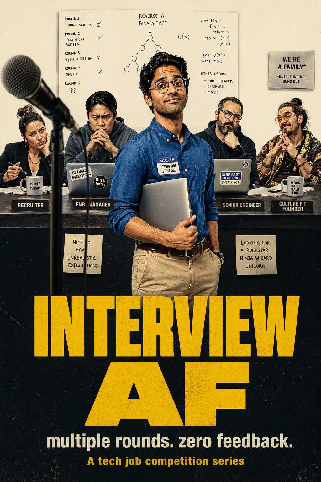 AI-generated parody movie poster titled Interview AF, styled like the Funny AF Netflix poster but themed around tech job interviews, by Kane Dabir for Dabir Digital