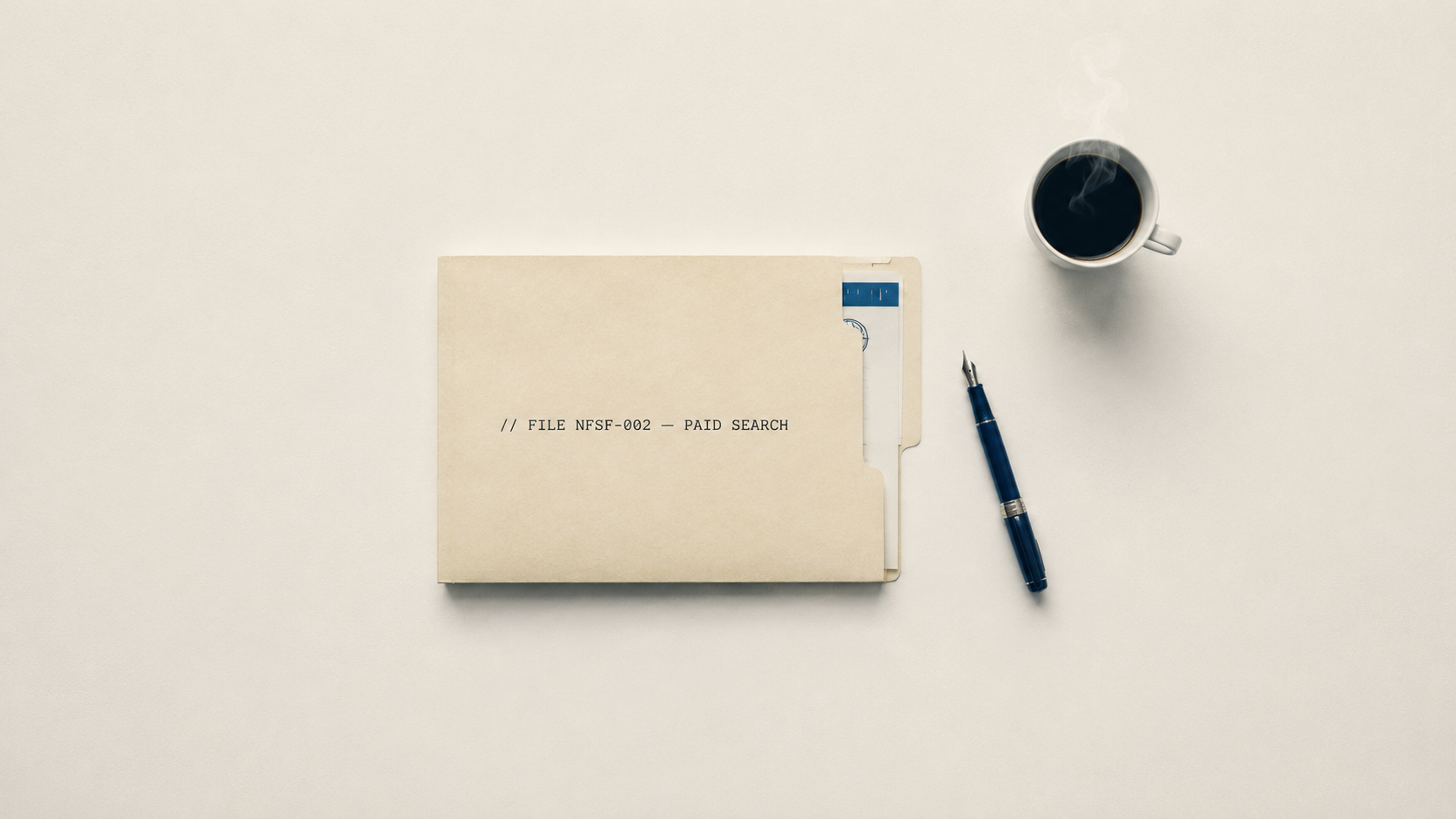 Hero illustration for Kane Dabir's Google Ads Enhanced Conversions June 1 2026 update essay: classified manila folder labeled FILE NFSF-002 PAID SEARCH on parchment with a navy fountain pen and steaming coffee