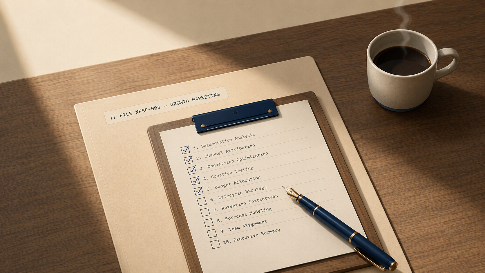 Editorial illustration of Kane Dabir's growth marketer self-audit checklist on a wooden desk with a navy fountain pen and coffee, marking the 10-item field guide for marketers validating themselves against the role
