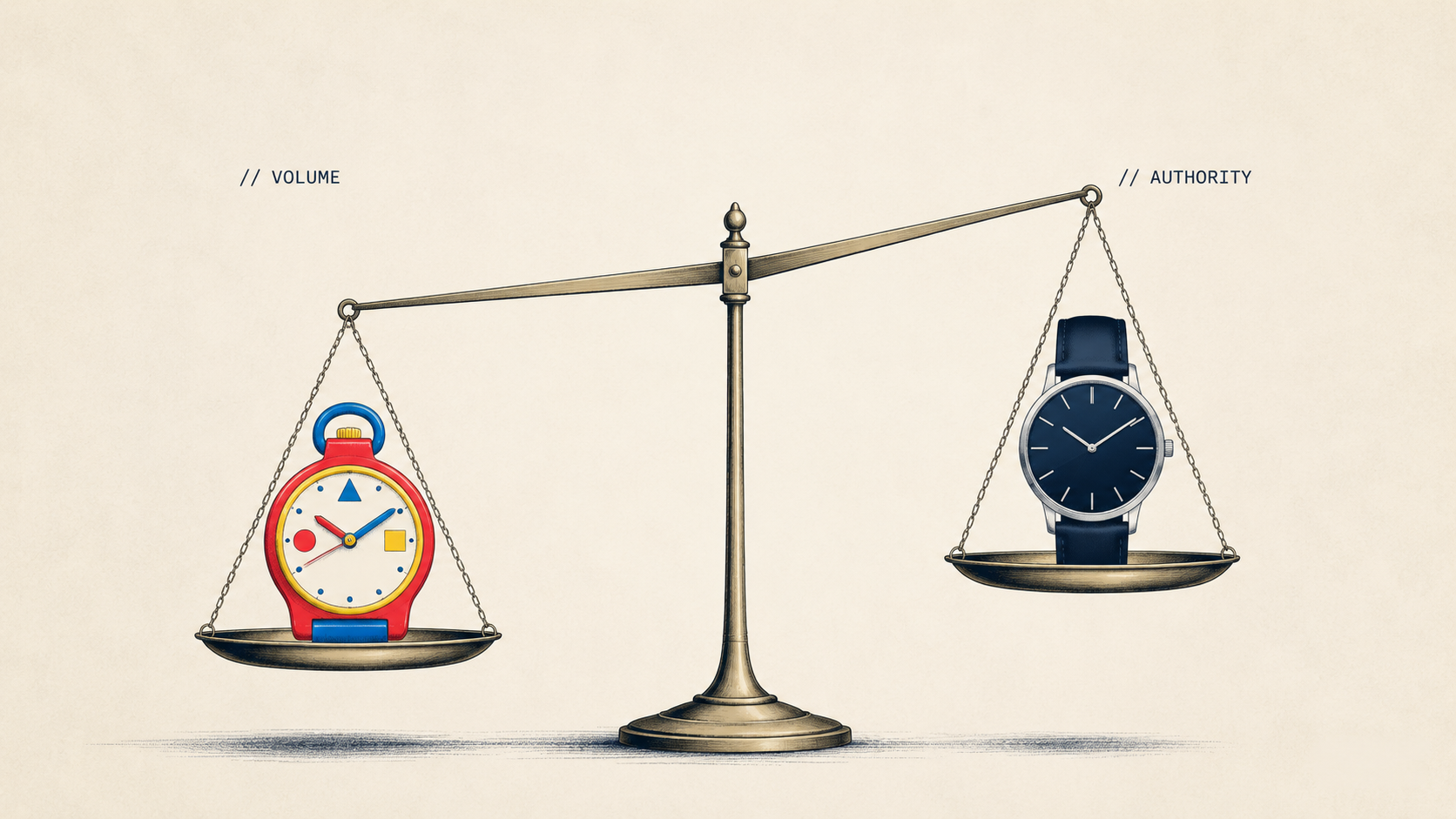 Editorial conceptual illustration of AP CEO Ilaria Resta's brand authority strategy behind the Audemars Piguet x Swatch Royal Pop collaboration, contrasting the colorful pop pocket watch with the Royal Oak's luxury legacy