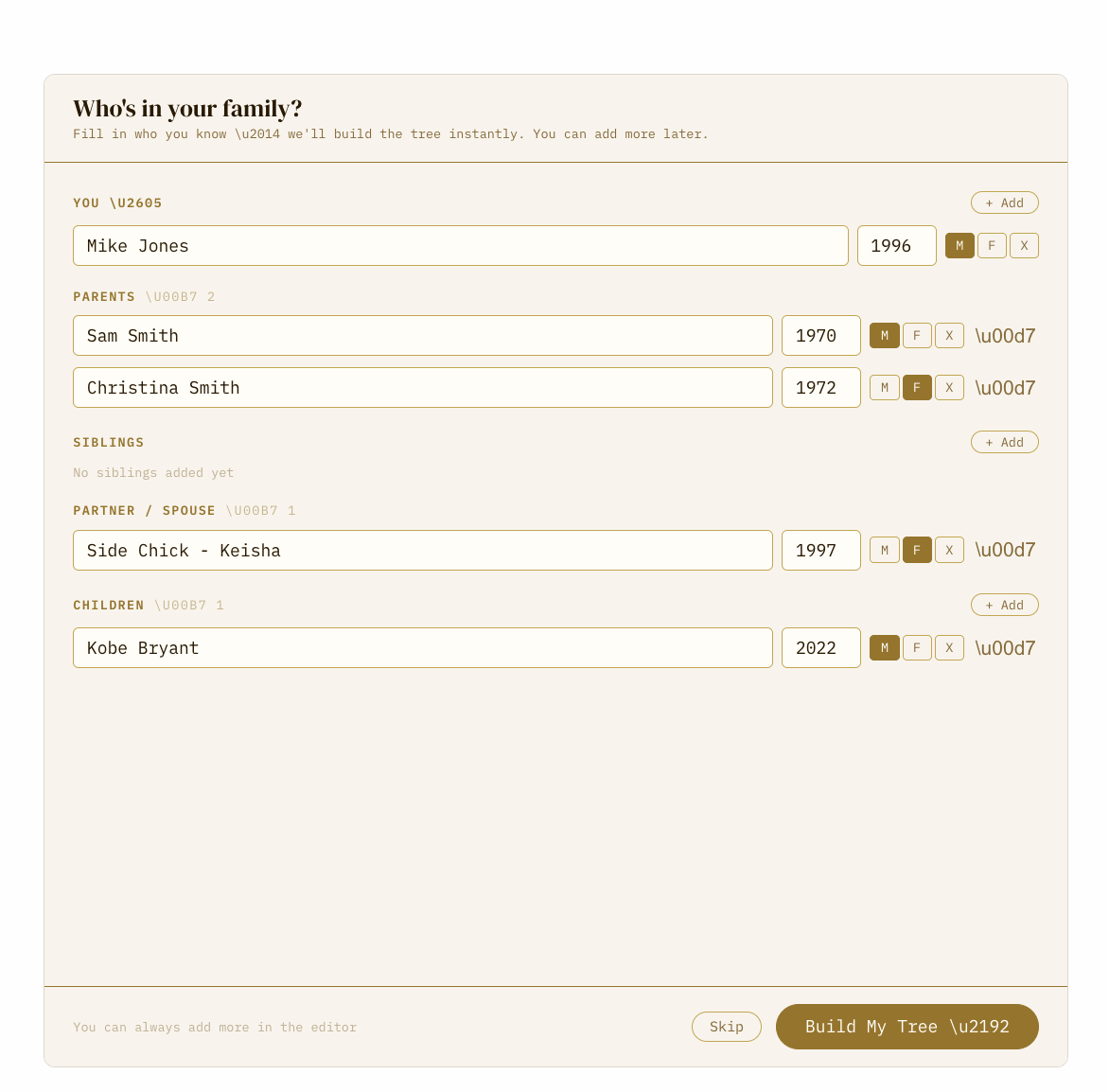 Family Architect bottom action bar showing Edit, Add Sibling, Connect, and Remove buttons after selecting a card