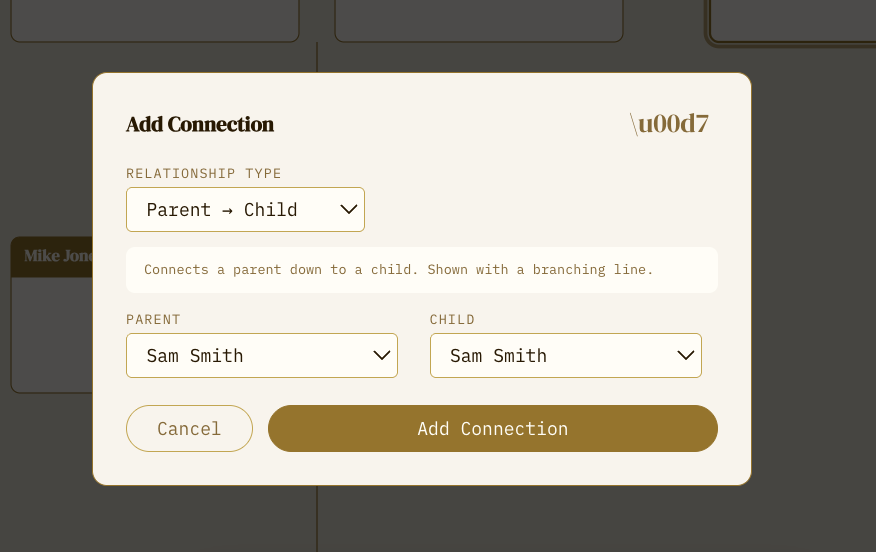 Family Architect Add Connection modal part 2 showing two names selected in the dropdown menus and the Add Connection button