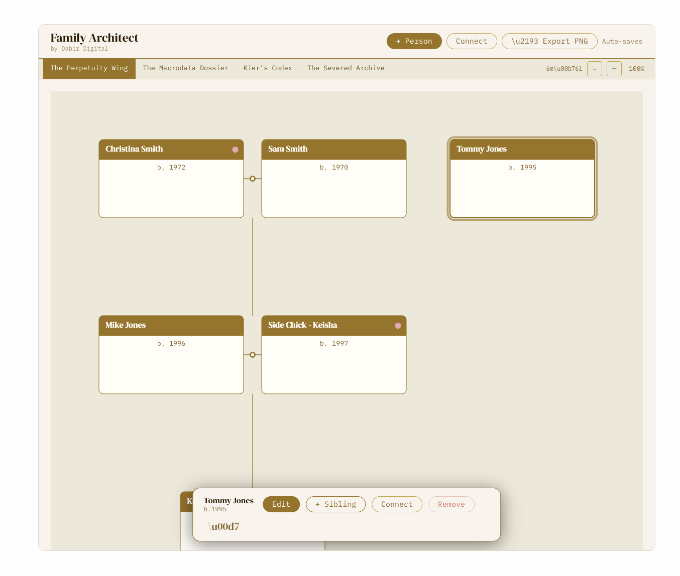 Family Architect Add Connection modal showing relationship type selector with Spouse, Parent to Child, and Sibling options