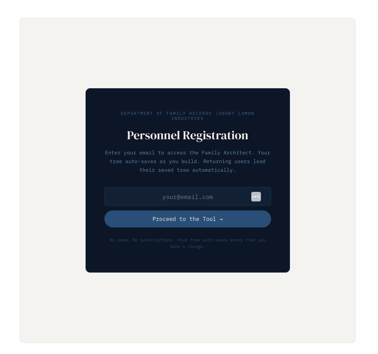 Family Architect email gate — Personnel Registration screen with email input and Proceed to the Tool button