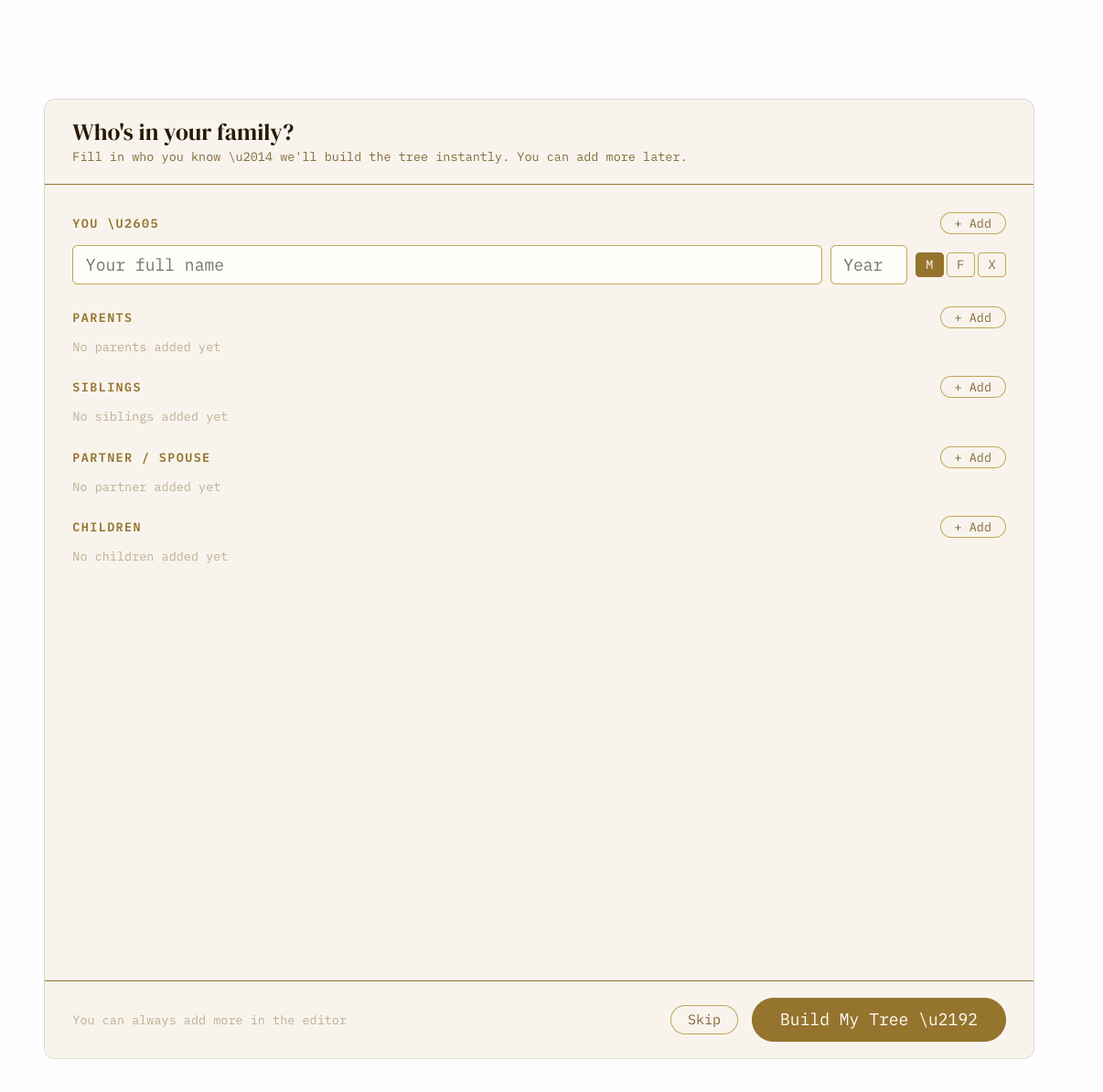 Family Architect QuickStart form — Who's in your family screen with You, Parents, Siblings, Partner and Children sections