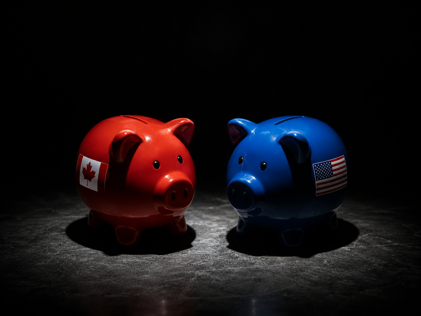 Two piggy banks side by side — one with a Canadian flag sticker, one with an American flag sticker — under a dramatic spotlight