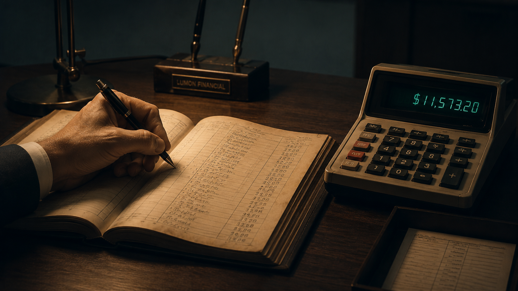 Close-up of a hand writing figures into an open ledger beside a glowing green calculator display showing a dollar amount, dark cinematic side lighting, retro office desk, Severance-inspired muted color palette