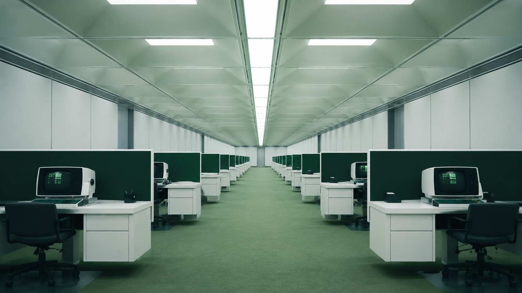 Long fluorescent-lit office corridor with rows of identical retro desks and glowing green terminal screens, symmetrical one-point perspective, muted teal and cream color palette, Severance-inspired retro-corporate atmosphere