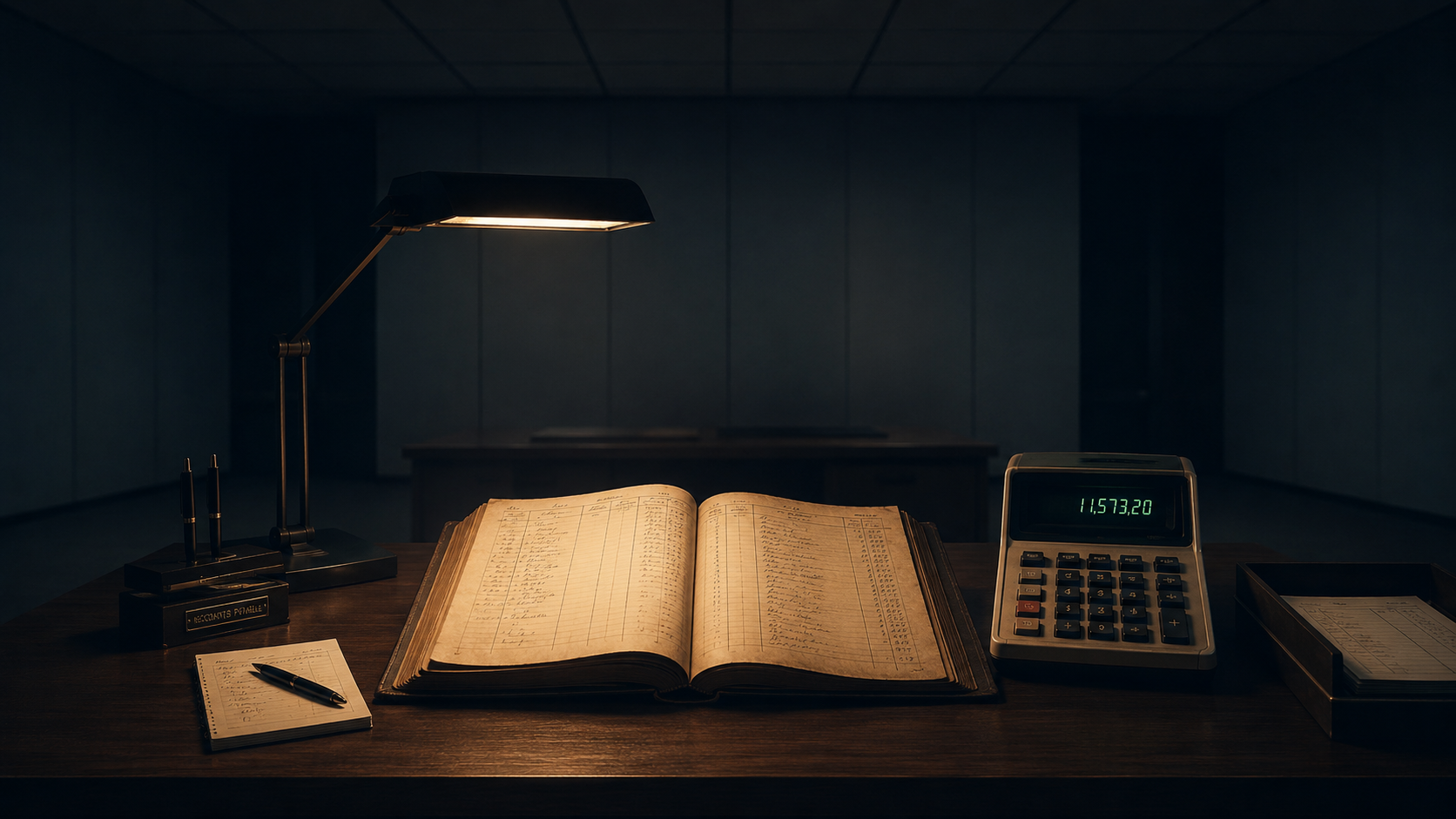 Old leather ledger book open beside a glowing vintage calculator on a dark wooden desk, warm desk lamp light, deep navy background, retro-futuristic accounting office, Severance-inspired aesthetic