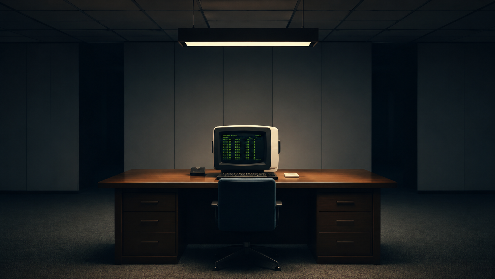 Vintage CRT computer terminal glowing with green numbers on a dark wood desk in a retro corporate office, single dramatic overhead light, muted navy and amber color palette, symmetrical composition, Severance-inspired aesthetic