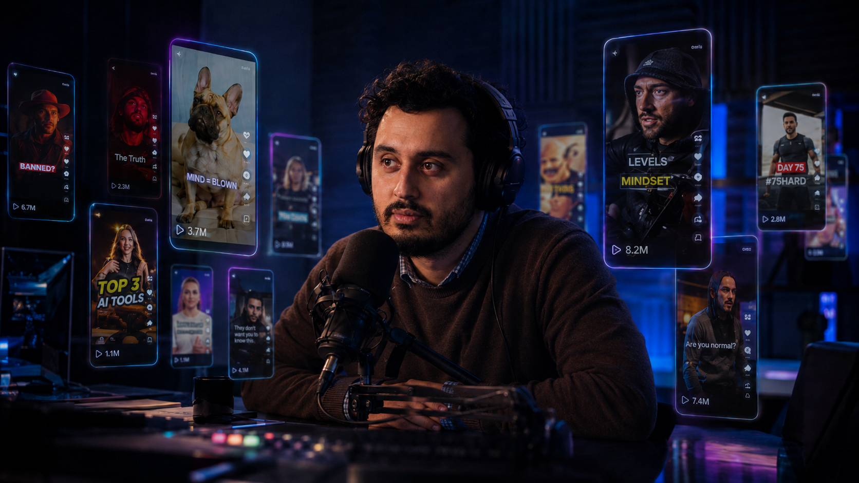 Podcaster in studio surrounded by floating short-form video screens
