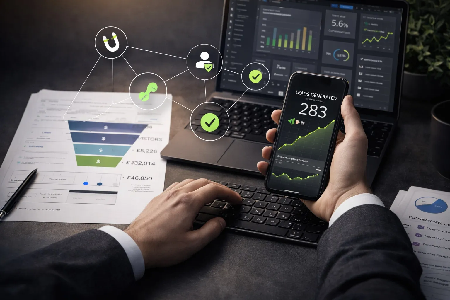 Person in business suit holding smartphone displaying 'LEADS GENERATED 283' with green graph, working on laptop with marketing charts on desk.