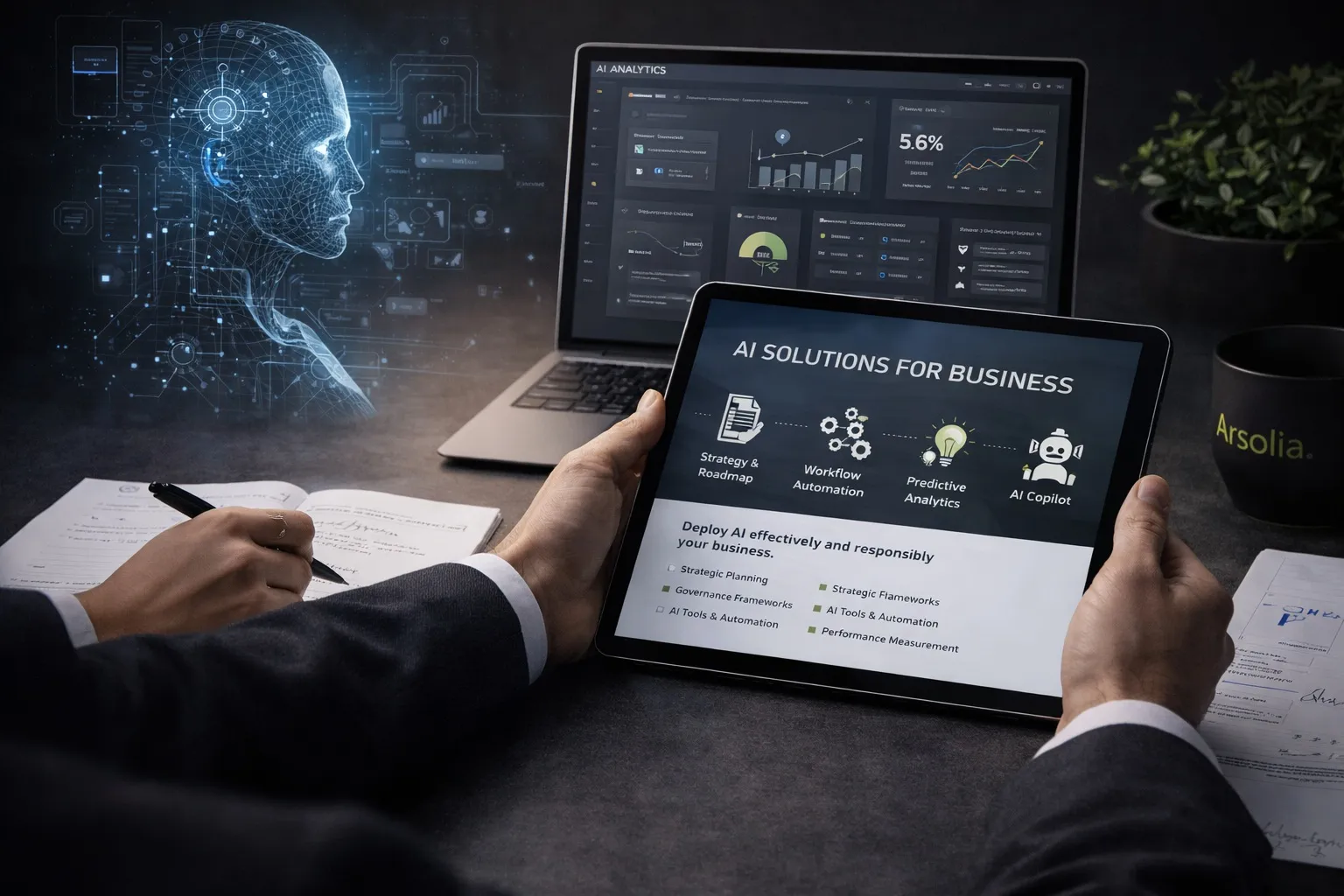 Person in suit holding tablet displaying AI solutions for business with icons for strategy, workflow automation, predictive analytics, and AI copilot, with a laptop showing AI analytics in the background.