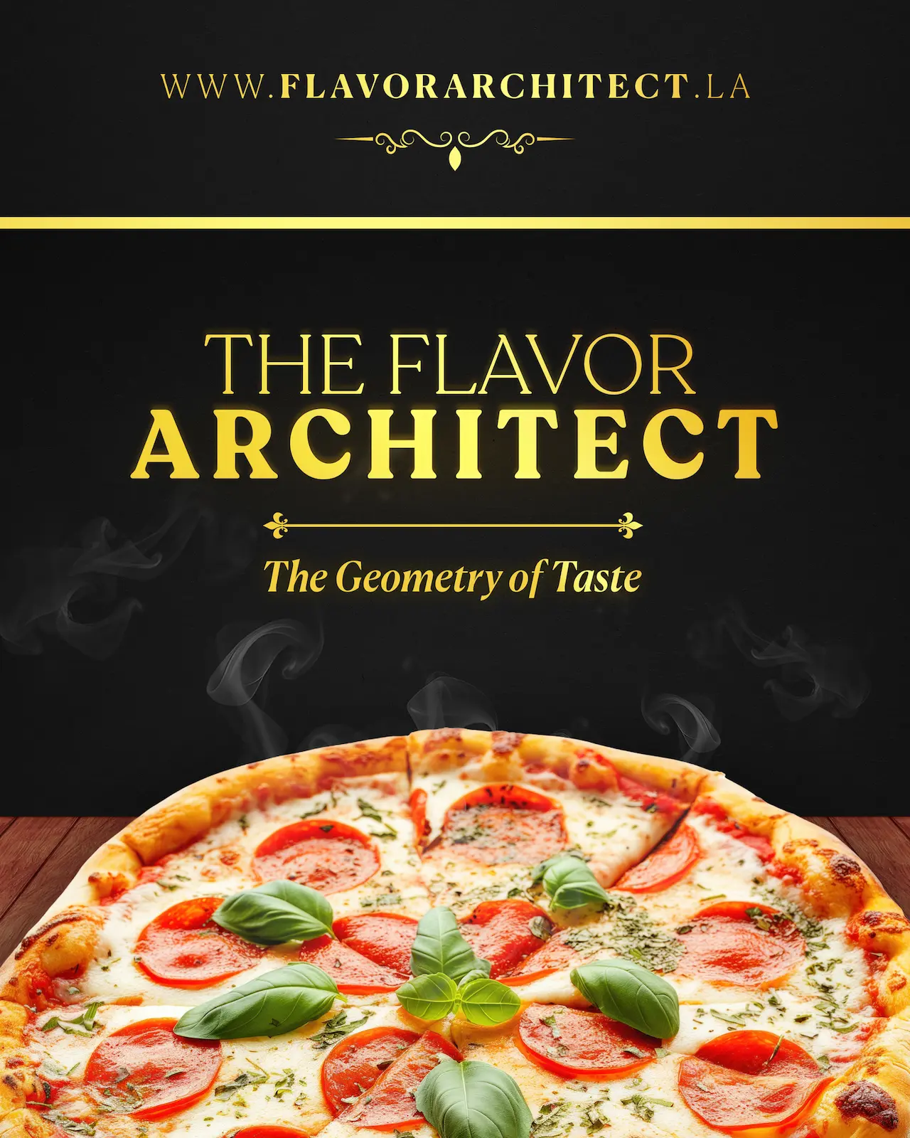 Steaming pepperoni pizza with basil leaves under golden text reading 'The Flavor Architect: The Geometry of Taste' on black background.
