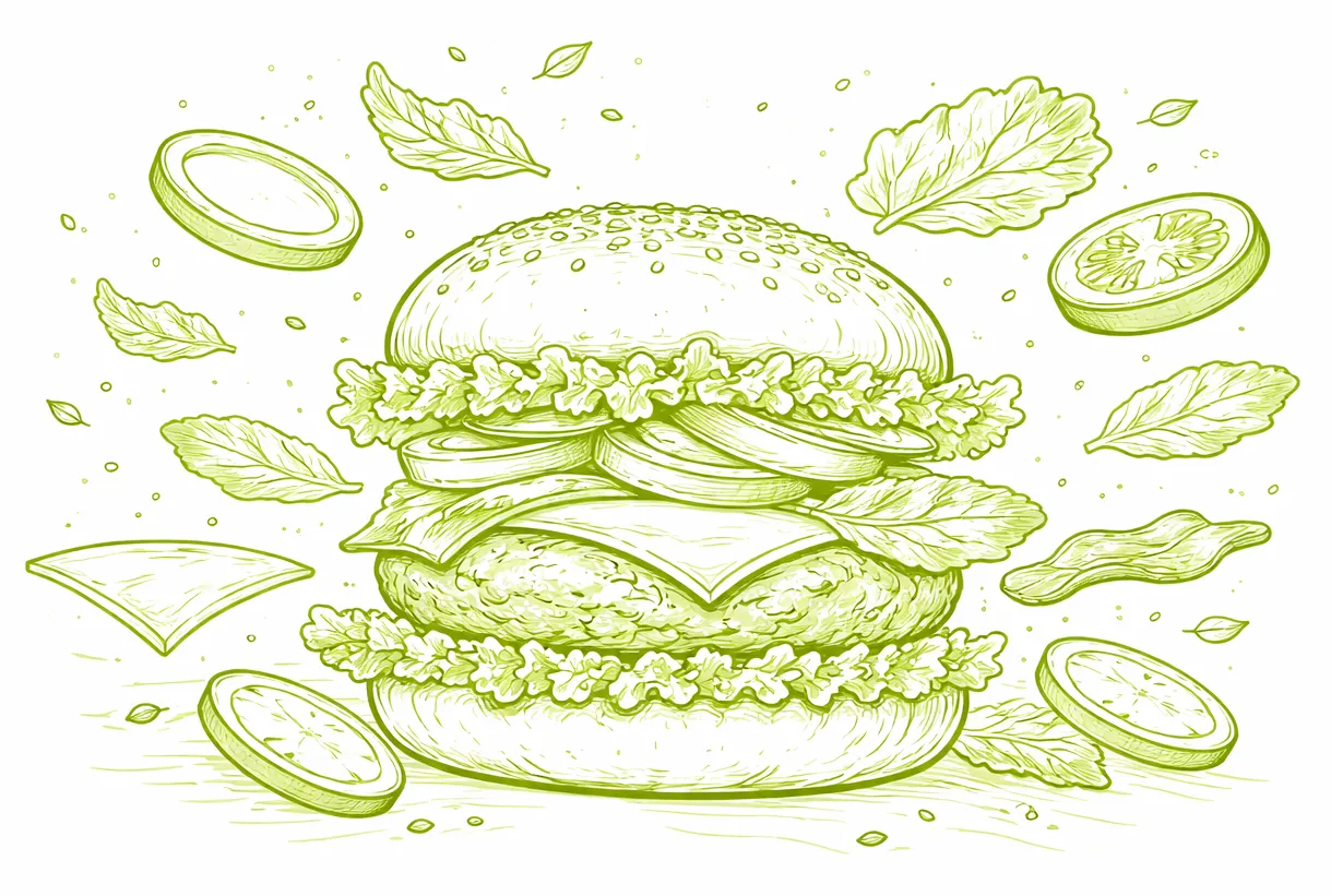 Green line drawing of a detailed hamburger with lettuce, tomato, cheese, and onion slices floating around it.