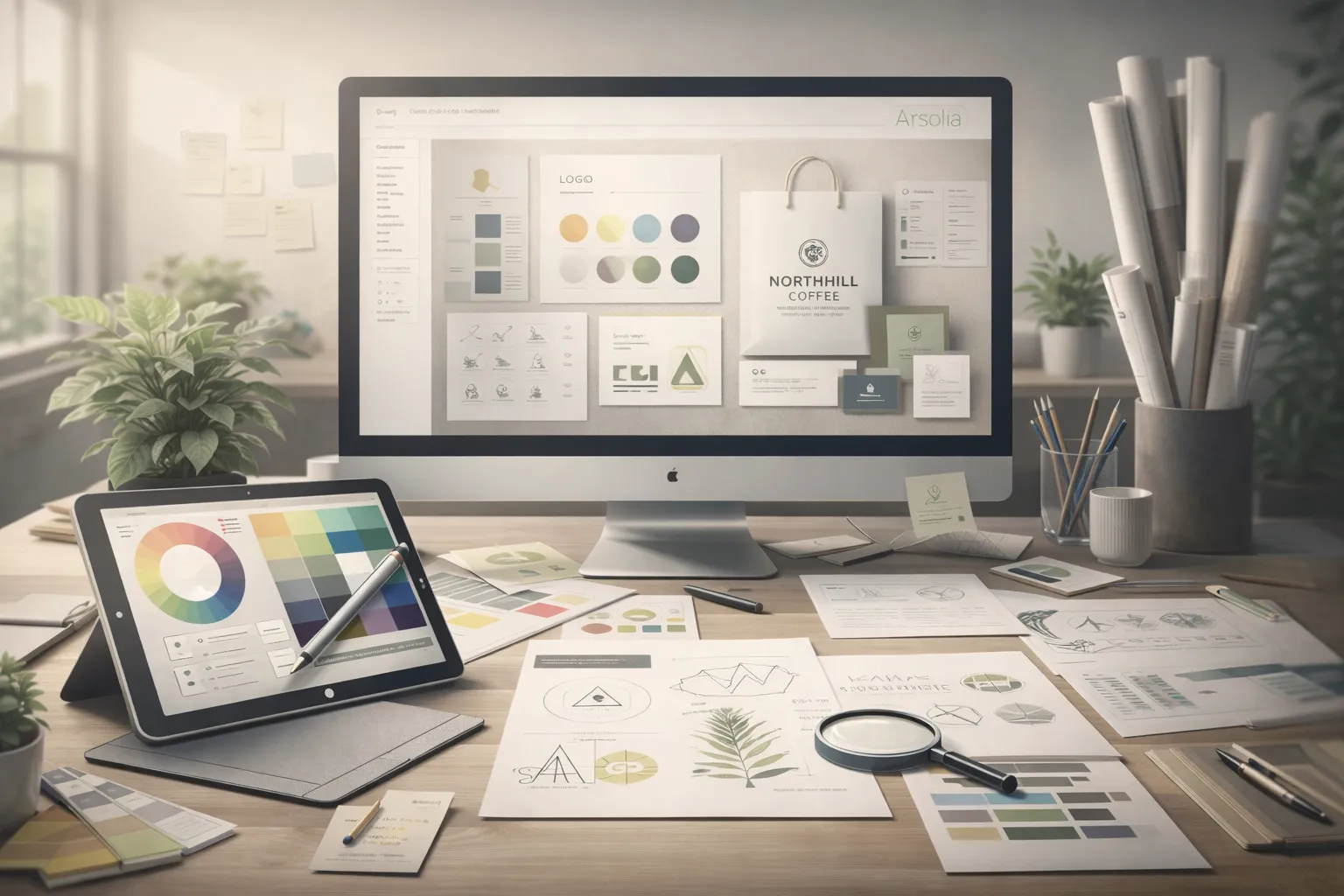 Workspace with computer displaying branding design for Northhill Coffee, surrounded by design sketches, color palettes, tablet with color selections, and office supplies.