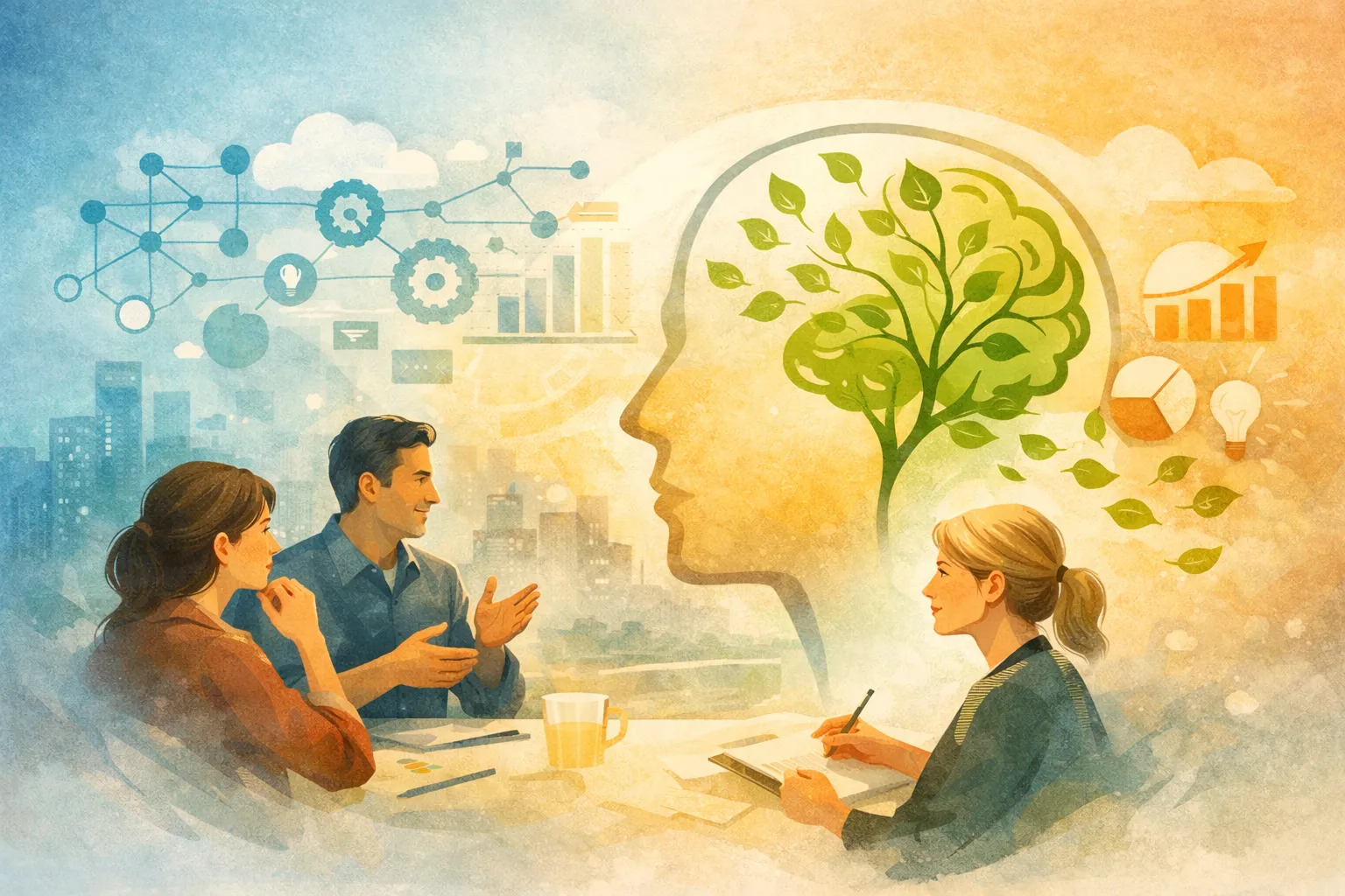 Three people in discussion at a table with a large human head silhouette showing a green tree brain and icons of charts, gears, and light bulbs illustrating ideas and growth.