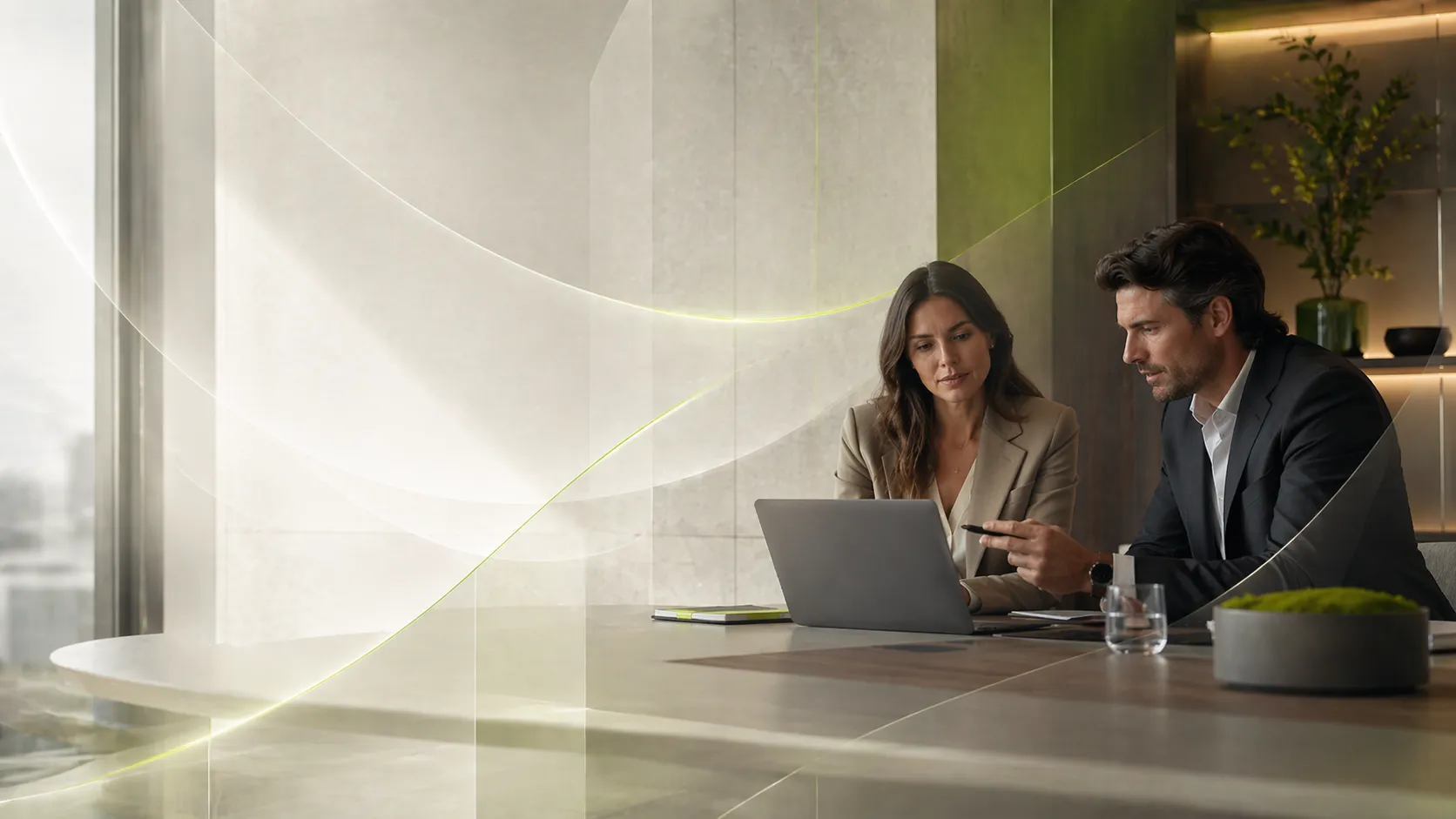 Two professionals in a modern, refined workspace reviewing digital strategy on a laptop, with subtle abstract overlays suggesting intelligent systems, business growth, and AI-enabled consultancy.
