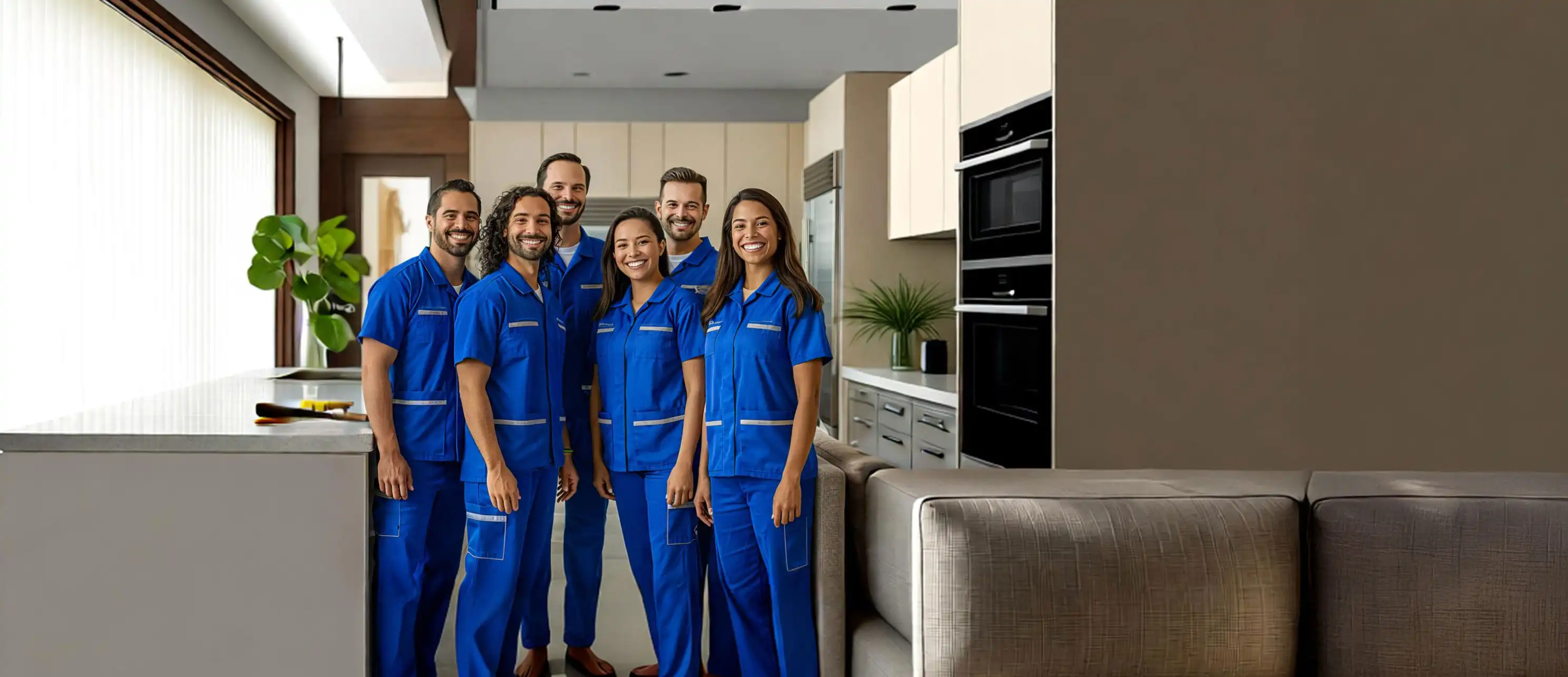 Professional residential cleaning team standing in a modern home kitchen ready to provide domestic cleaning services