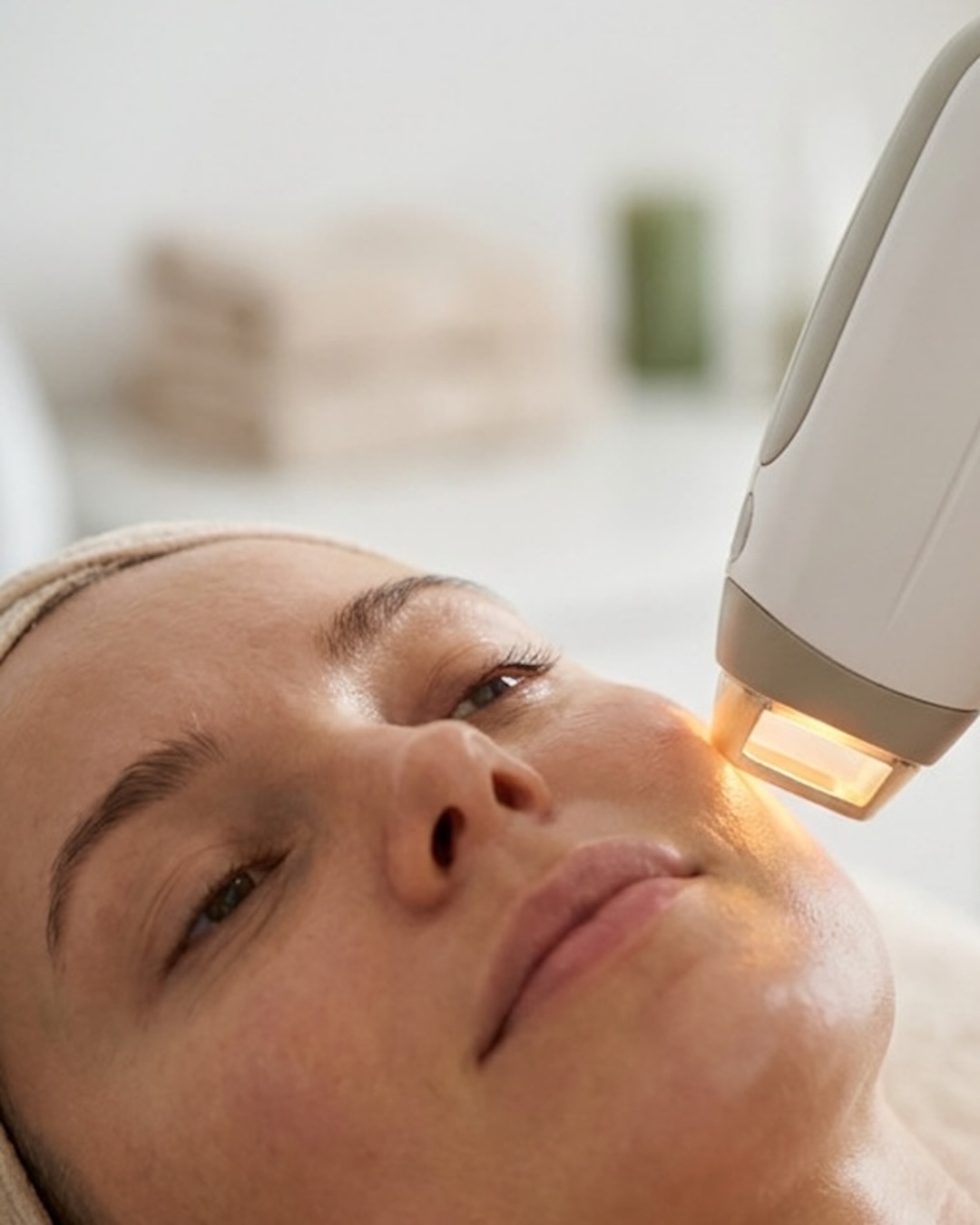 Frau bei einer IPL-Laserbehandlung im Gesicht – steht für die schonende Behandlung von Gefäßveränderungen, Couperose und roten Äderchen in der Praxisklinik Rütter & Schlarb, Münster