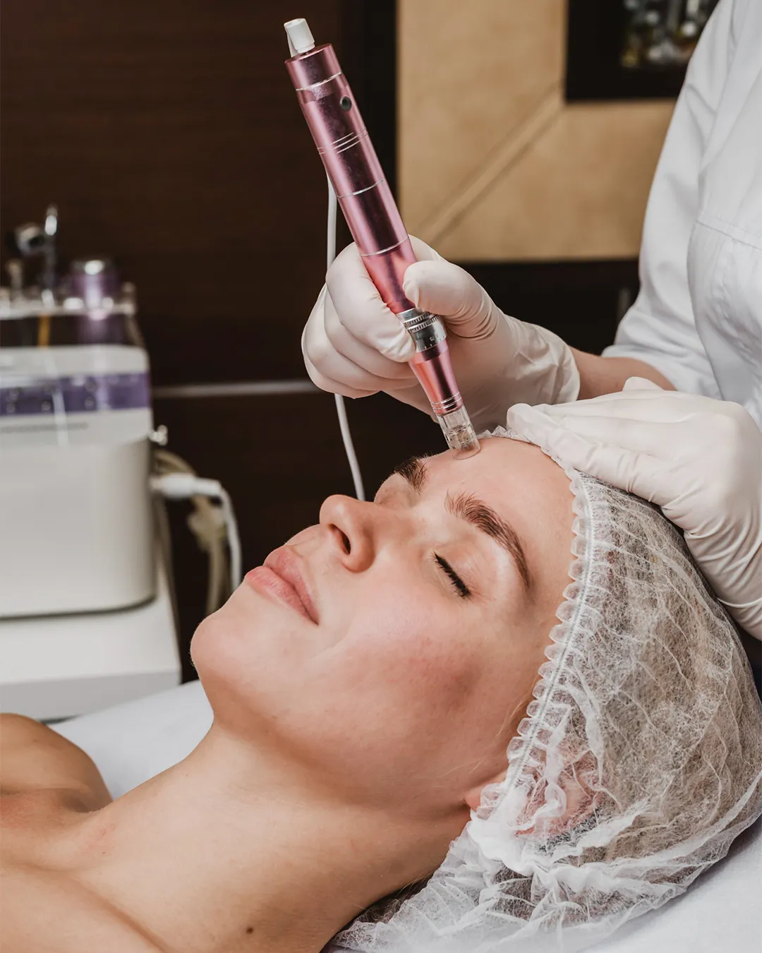 Frau bei einer Microneedling-Behandlung im Gesicht mit dem SkinPen® – steht für Hautbildverbesserung, Porenverfeinerung und Aknenarben-Behandlung in der Praxisklinik Rütter & Schlarb, Münster