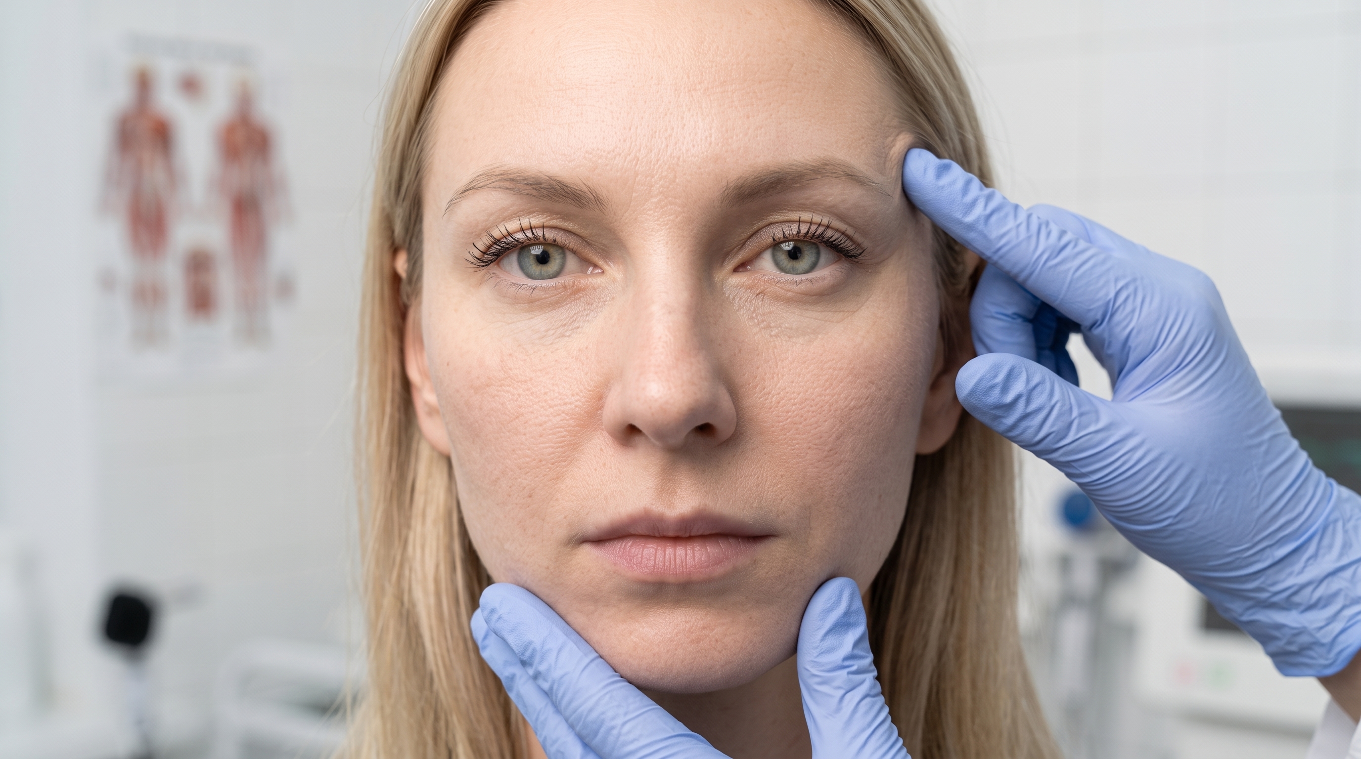 Ärztliche Untersuchung von Wange und Kieferlinie vor einer Gesichtsstraffung – Facelift-Beratung in der Praxisklinik am Germania Campus, Münster