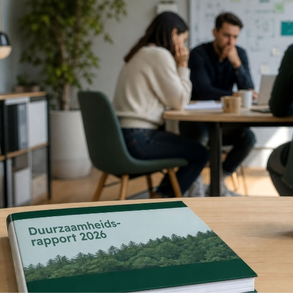 Foto van een vergaderruimte waarin vier mensen rond een tafel in overleg zijn over duurzaamheid. Op de voorgrond ligt een boek met de titel “Duurzaamheidsrapport 2026” naast een groene mok en een kamerplant. Op de achtergrond staan een whiteboard met schema’s, een grote plant en kantoormeubilair. Door de onscherpe achtergrond ligt de nadruk op het duurzaamheidsrapport en de groene elementen in de ruimte.